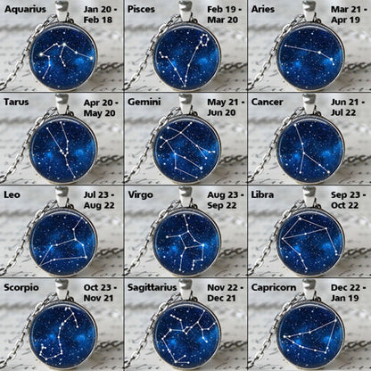 Grid of zodiac sign pendants with corresponding dates on a neutral background