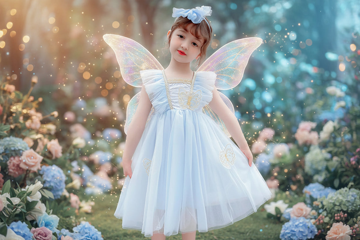Young girl in a light blue dress standing on a staircase.