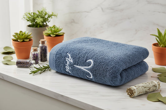 Blue towel with white aries zodiac embroidery on a gray background