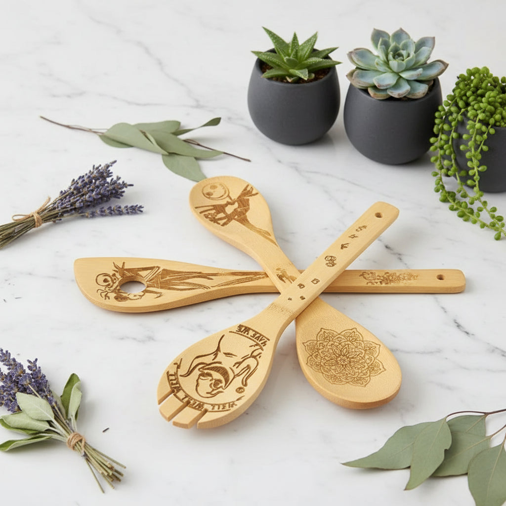 Set of gold-colored spatulas with engraved designs on a white background