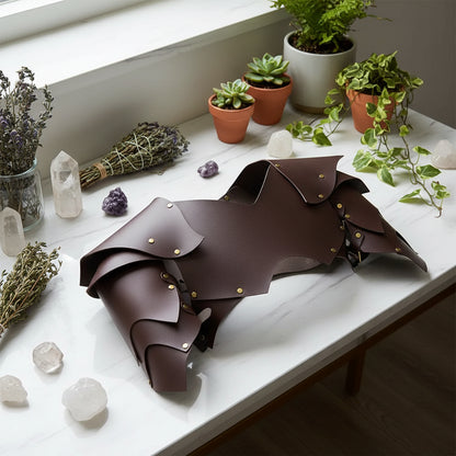Brown leather armor shoulder piece with gold studs on a white background