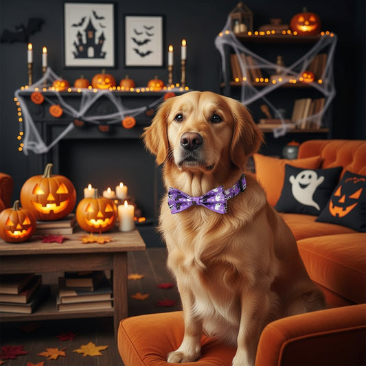 Purple dog collar with Halloween-themed design on a white background
