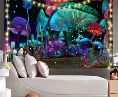 Colorful mushroom tapestry with string lights on a wall above a sofa.