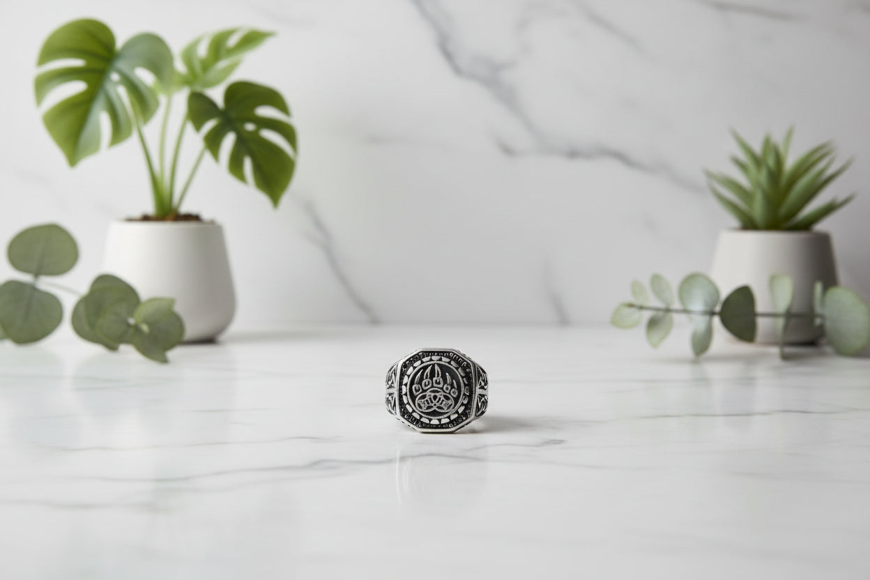 Silver ring with paw print design on a white background