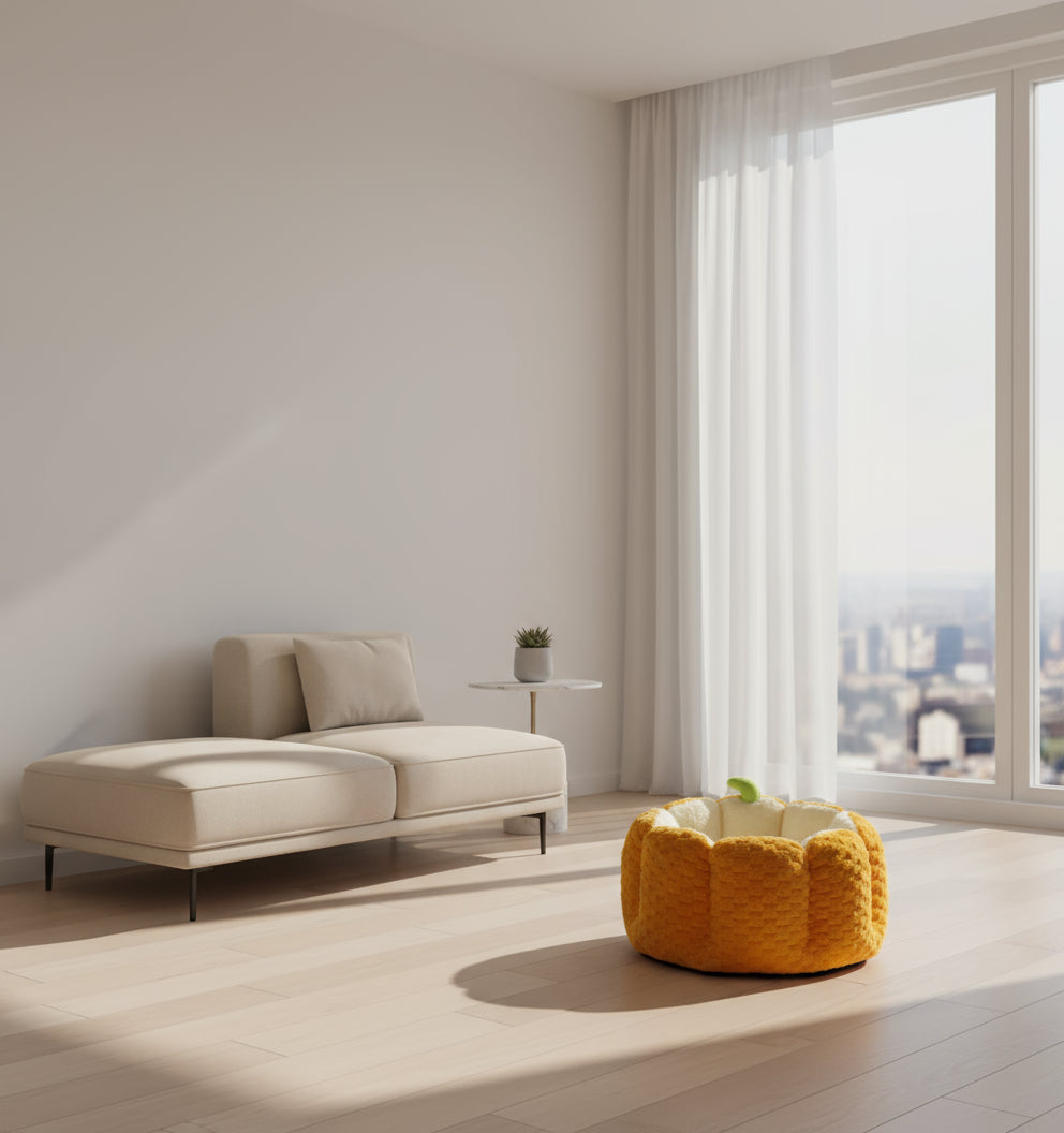 Yellow pet bed with white interior on a white background