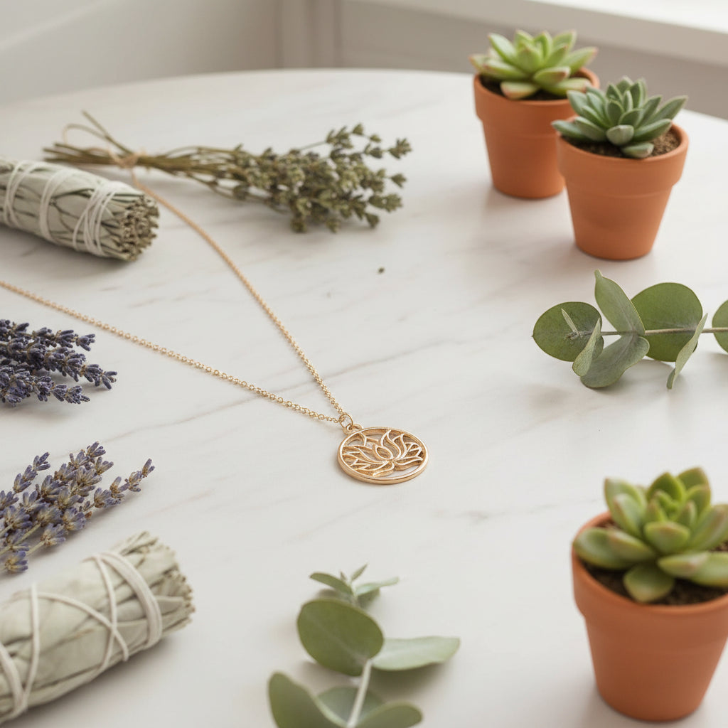Rose gold lotus flower pendant necklace on a white background