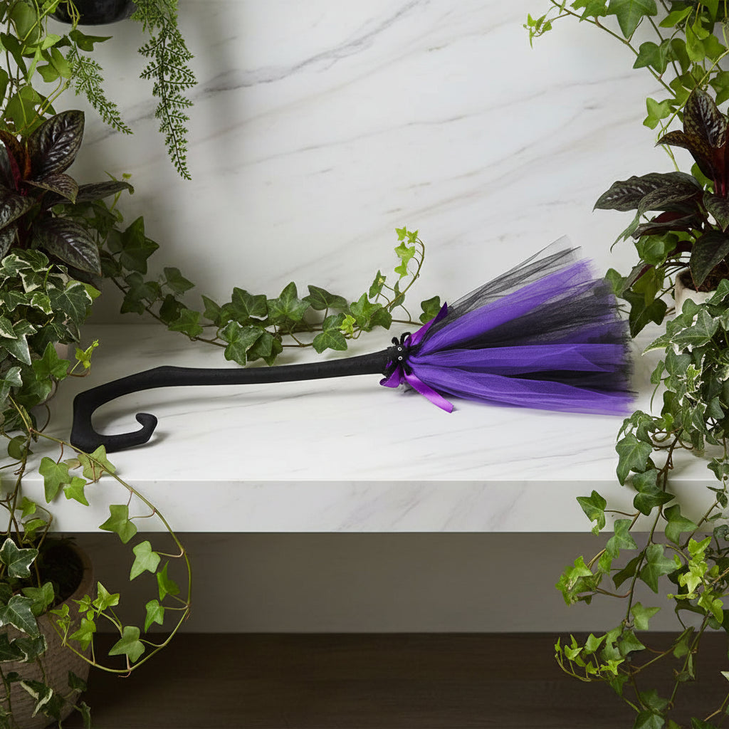 Black cane with purple and black tutu on a white background