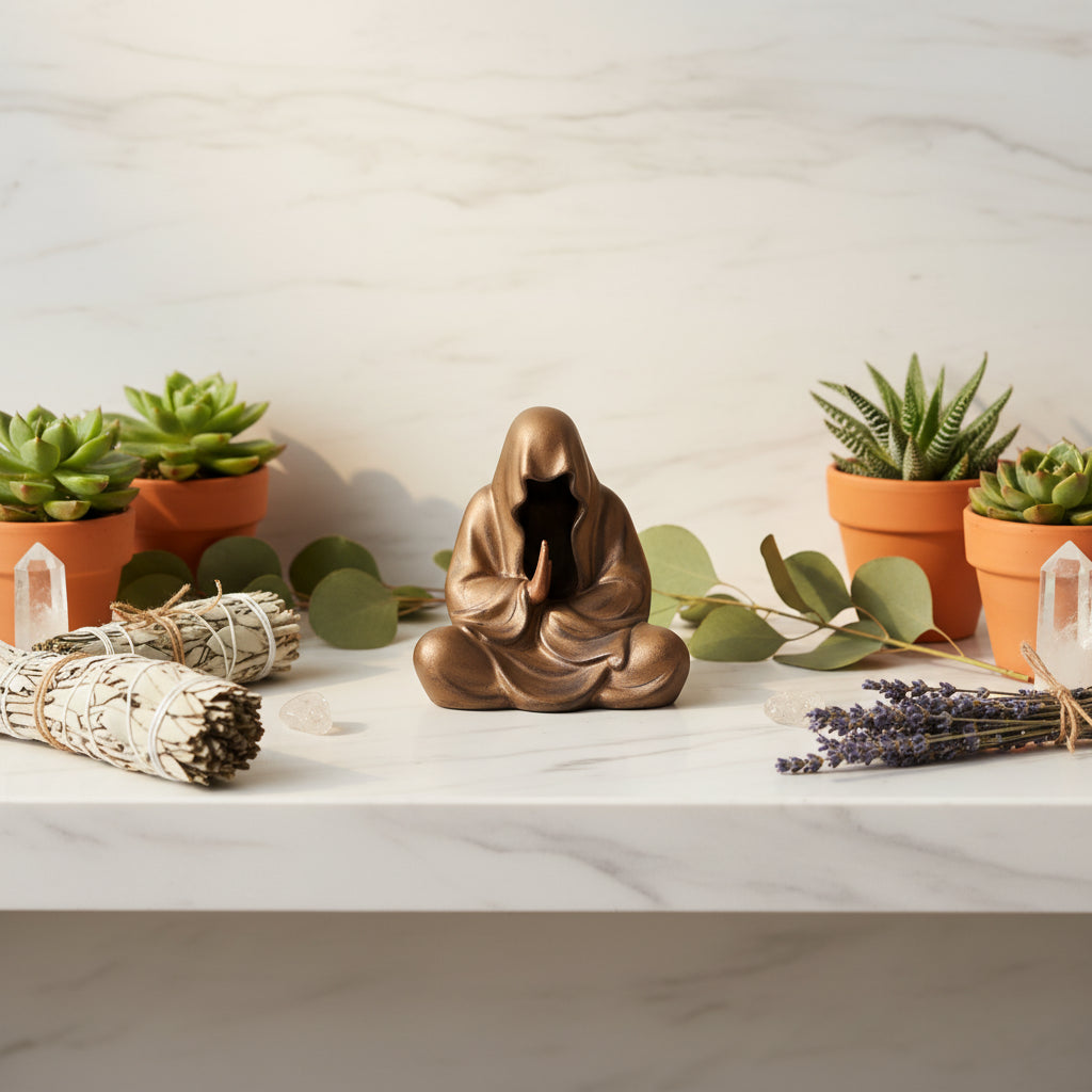 Statue of a hooded figure in a meditative pose held by hands against a black background
