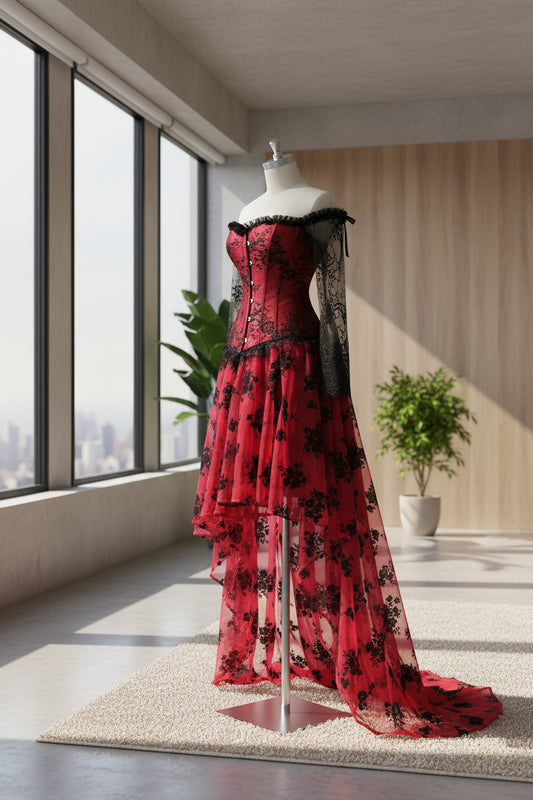 Red and black floral dress with sheer sleeves on a white background