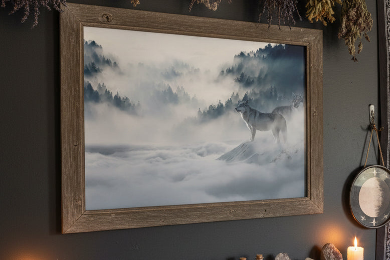Wolf standing on a snow-covered mountain with misty forest in the background