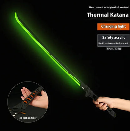 Glowing green thermal katana with charging light feature on a black background