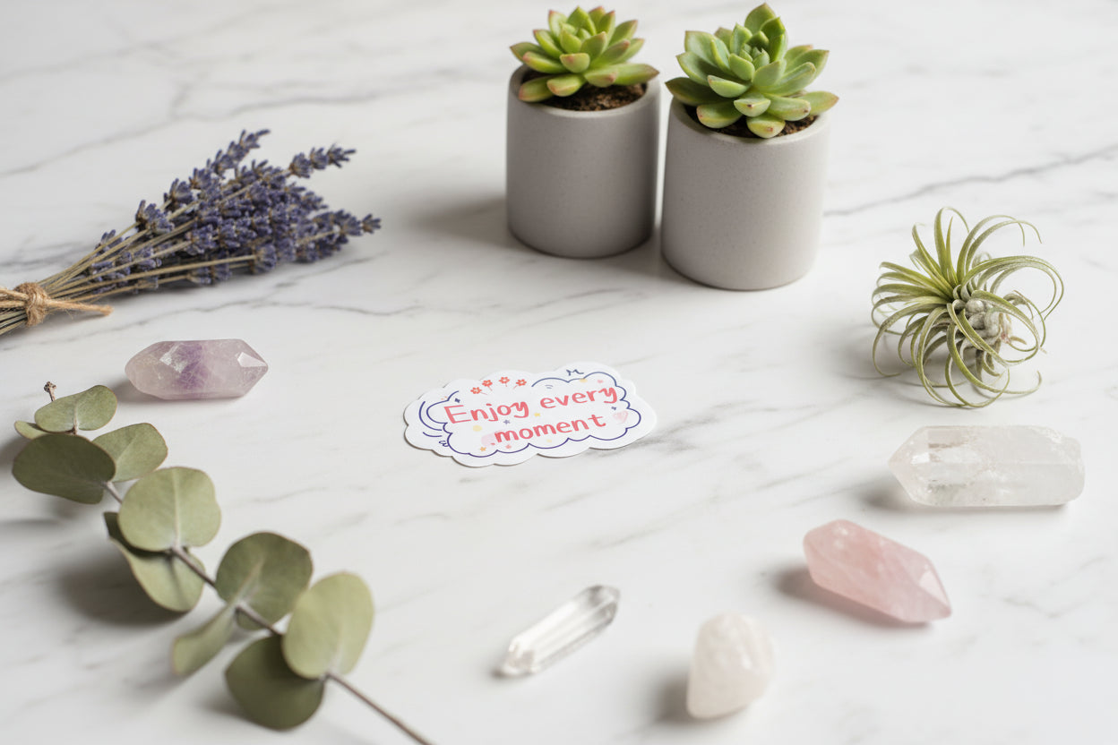 Hand holding a sticker with 'Enjoy every moment' text in front of a colorful circular design.