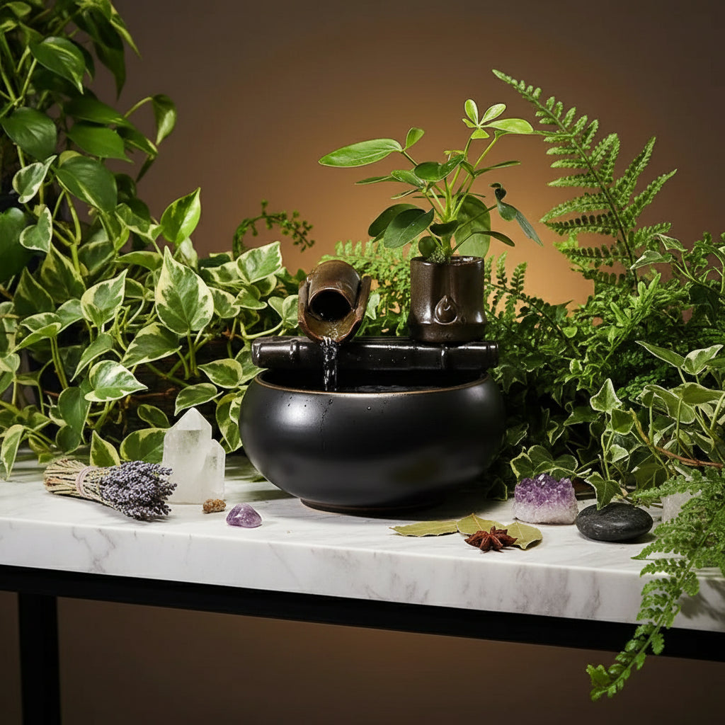 Decorative water fountain with a plant on a wooden surface