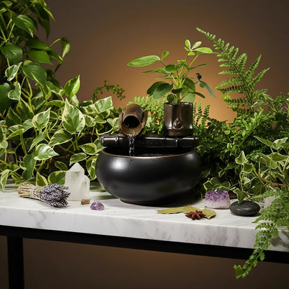 Decorative water fountain with a plant on a wooden surface