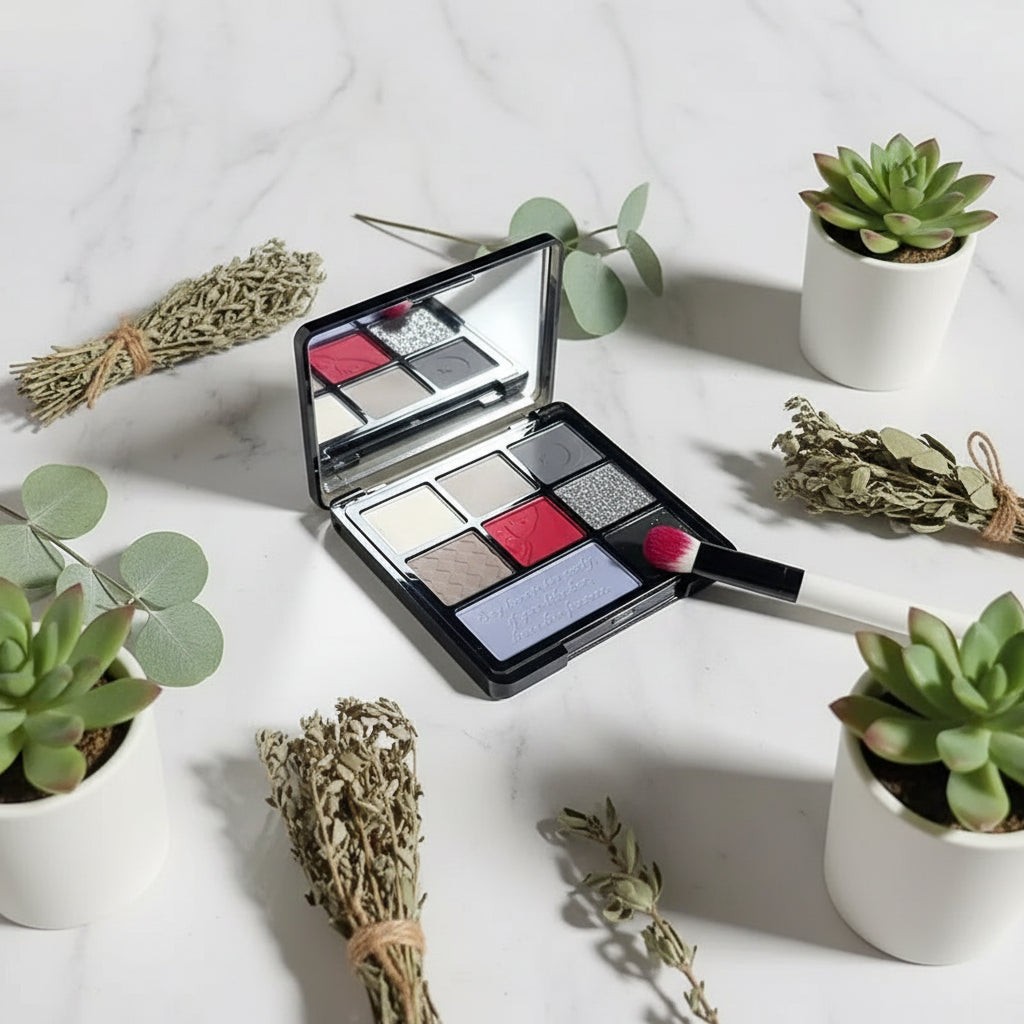 Makeup palette with various shades and a brush on a white background