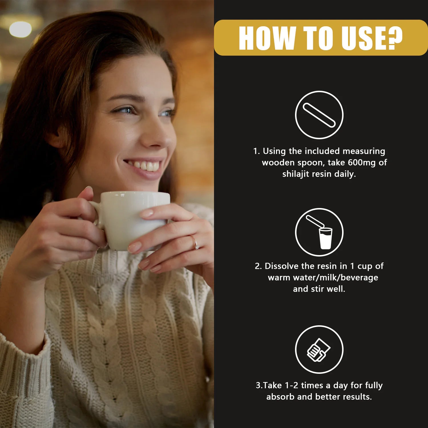 Woman holding a mug with instructions on how to use shilajit resin.