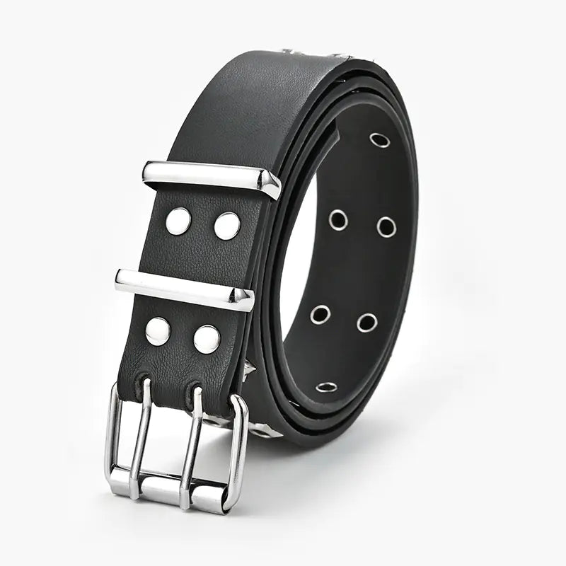 Black leather belt with silver buckle on a white background