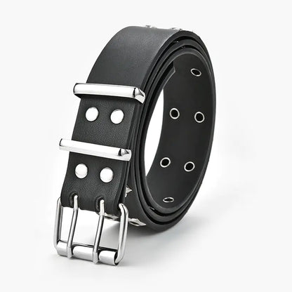 Black leather belt with silver buckle on a white background