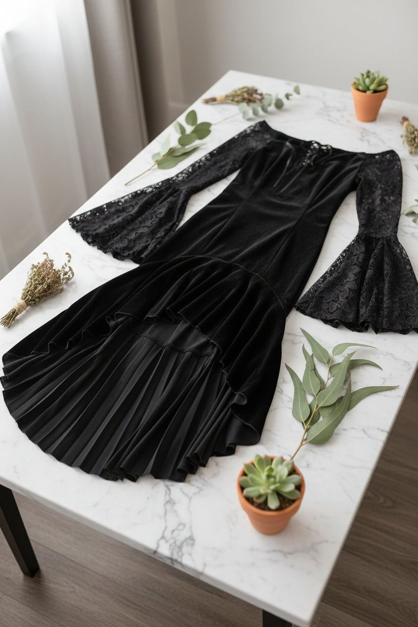 Black gothic-style dress with lace sleeves on a white background