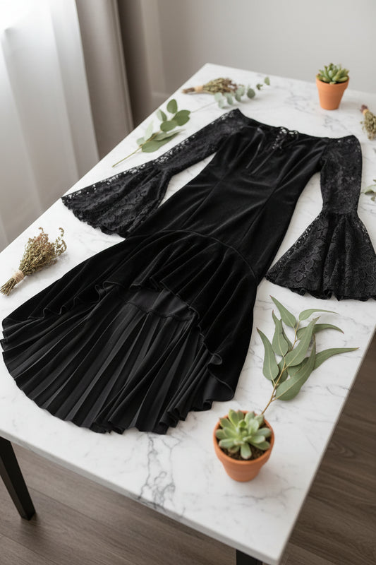 Black gothic-style dress with lace sleeves on a white background