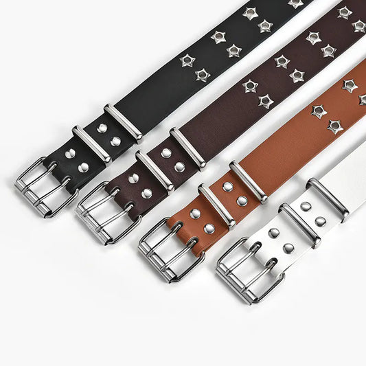 Four leather belts with star-shaped studs and metal buckles on a white background.
