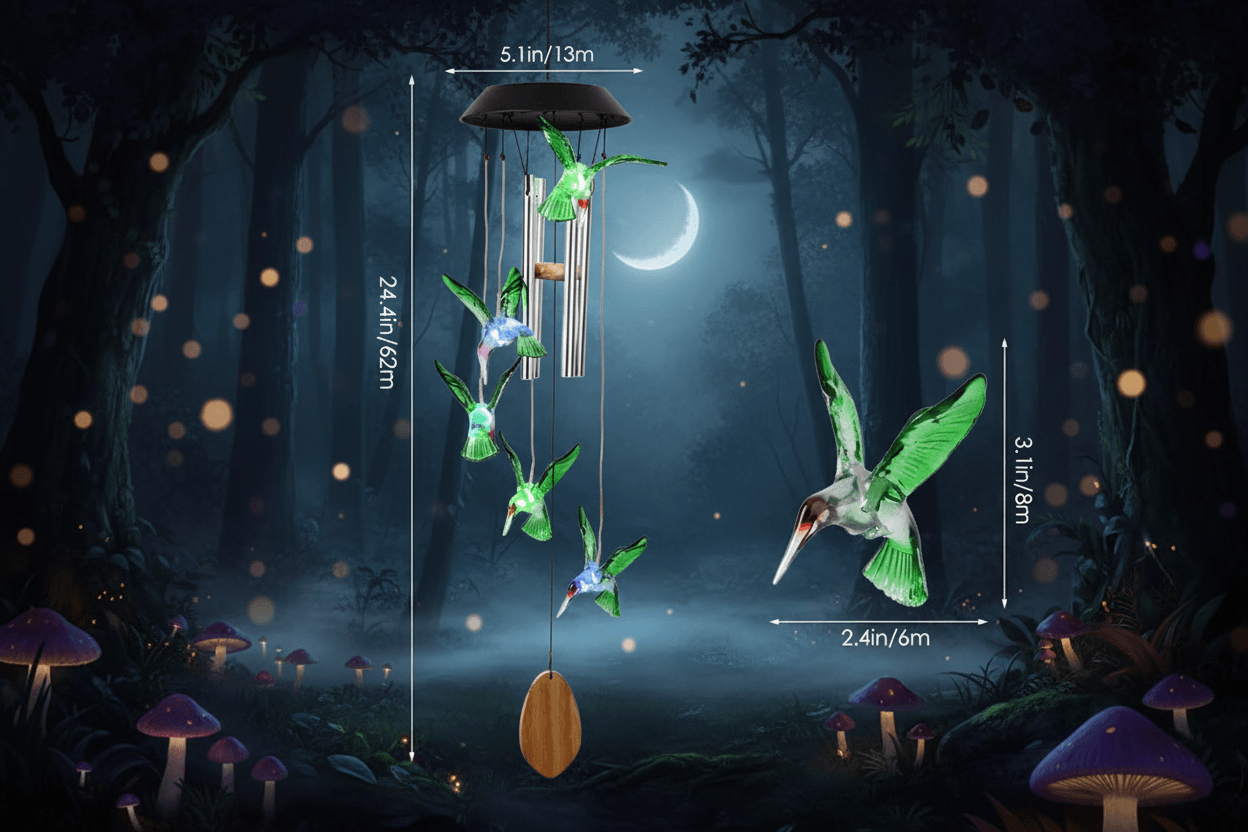 Green glass hummingbird wind chime with measurements on a blue and gray background