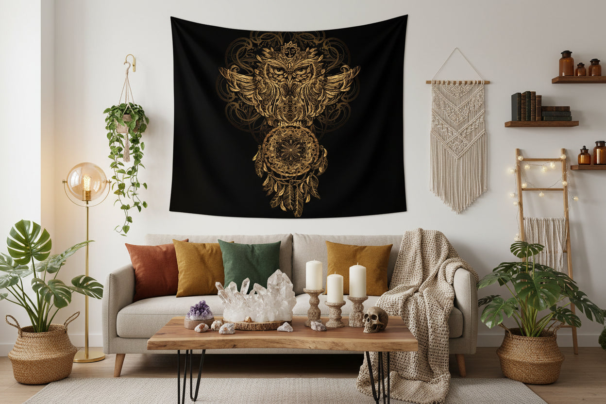 Decorative tapestry with owl design on a black background, placed on a wooden floor with plants and a colorful pillow.