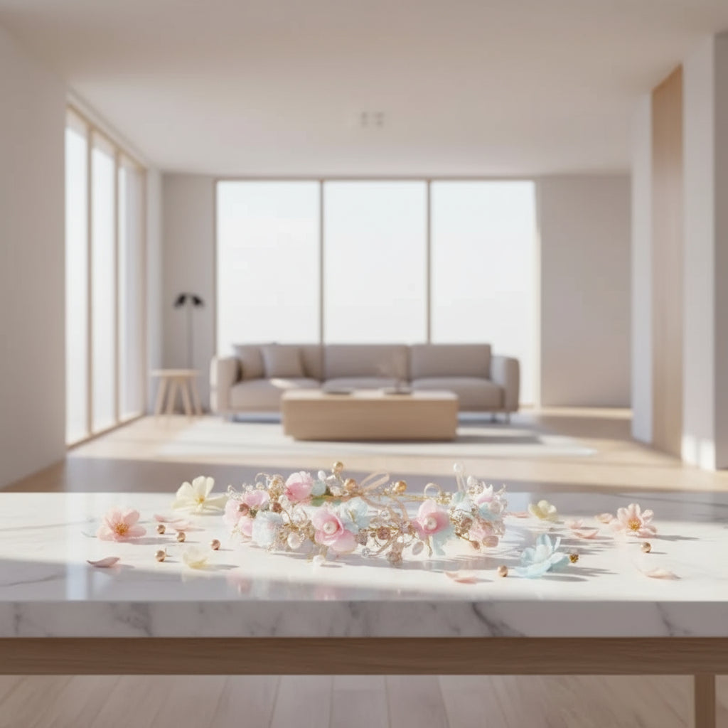 Decorative headband with flowers and ribbons on a white background