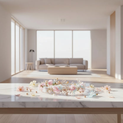 Decorative headband with flowers and ribbons on a white background