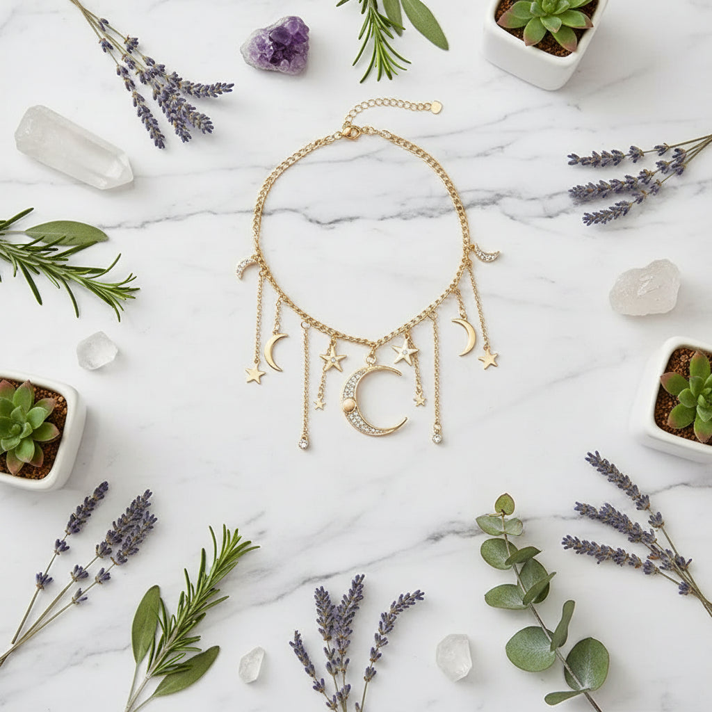 Gold necklace with moon and star charms worn by a person