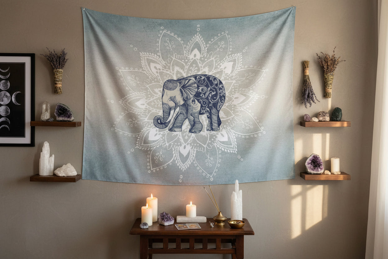 Tapestry with an elephant and mandala design on a gradient background