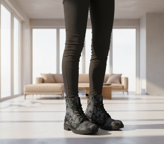 Black floral and skull patterned boots worn by a person on a white background