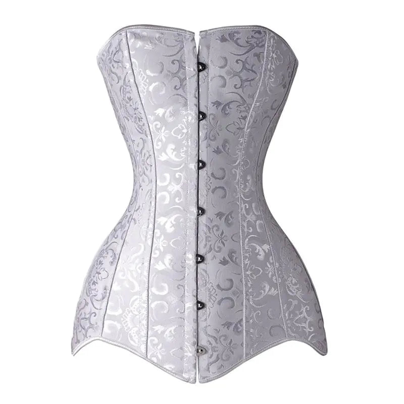 Silver corset with intricate patterns on a white background