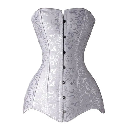 Silver corset with intricate patterns on a white background