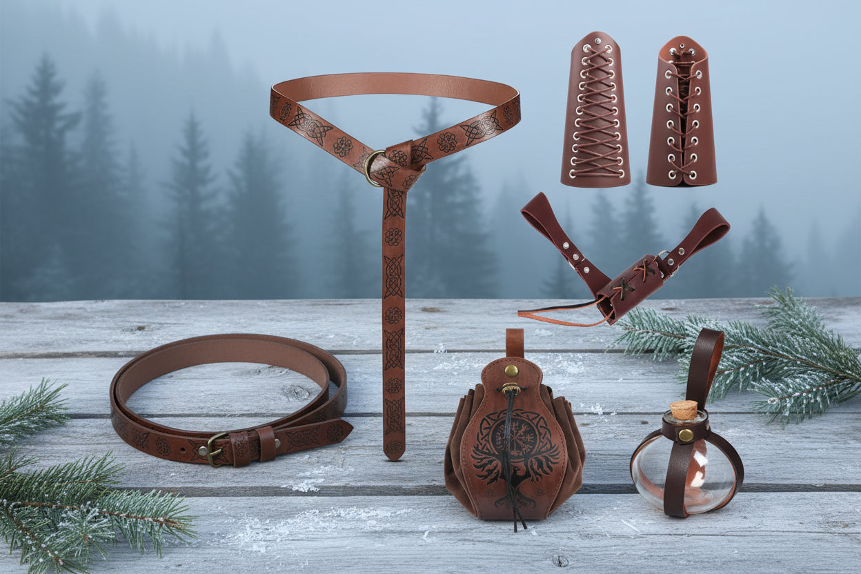Collection of brown leather accessories including a belt, pouch, and bottle on a white background.