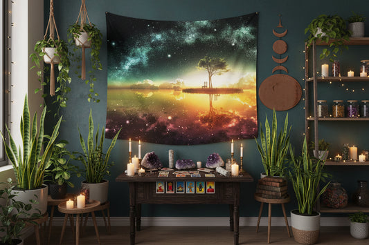 Tapestry with a tree and sunset design hanging on a wall above a sofa.