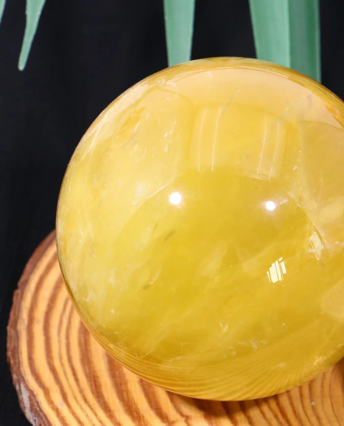 Yellow crystal ball on a wooden surface with green leaves in the background