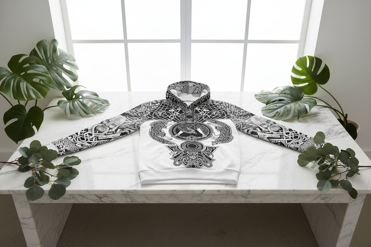 Hoodie with black and white tribal design featuring wolves and Celtic patterns on a white background.