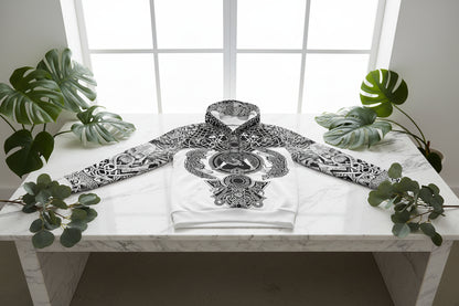 Hoodie with black and white tribal design featuring wolves and Celtic patterns on a white background.