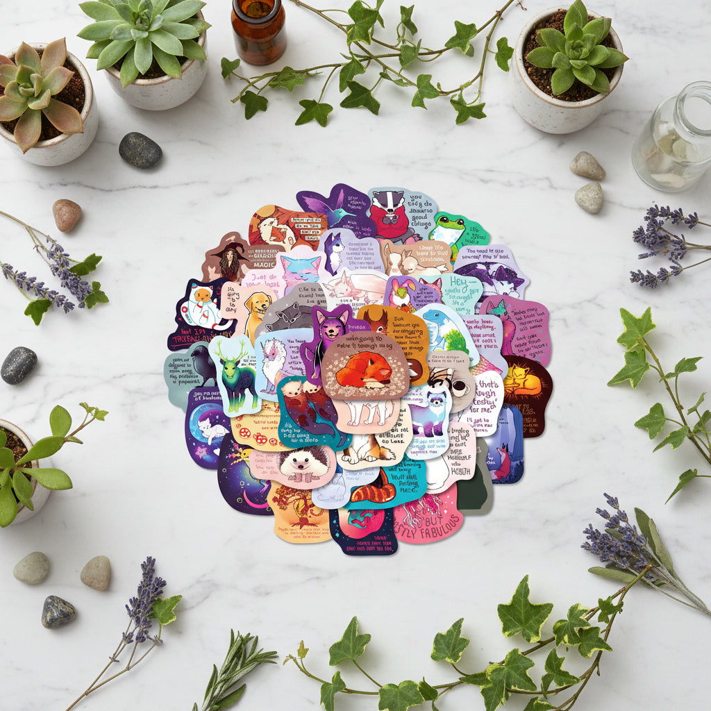 Collection of colorful animal-themed cards with various sayings on a white background