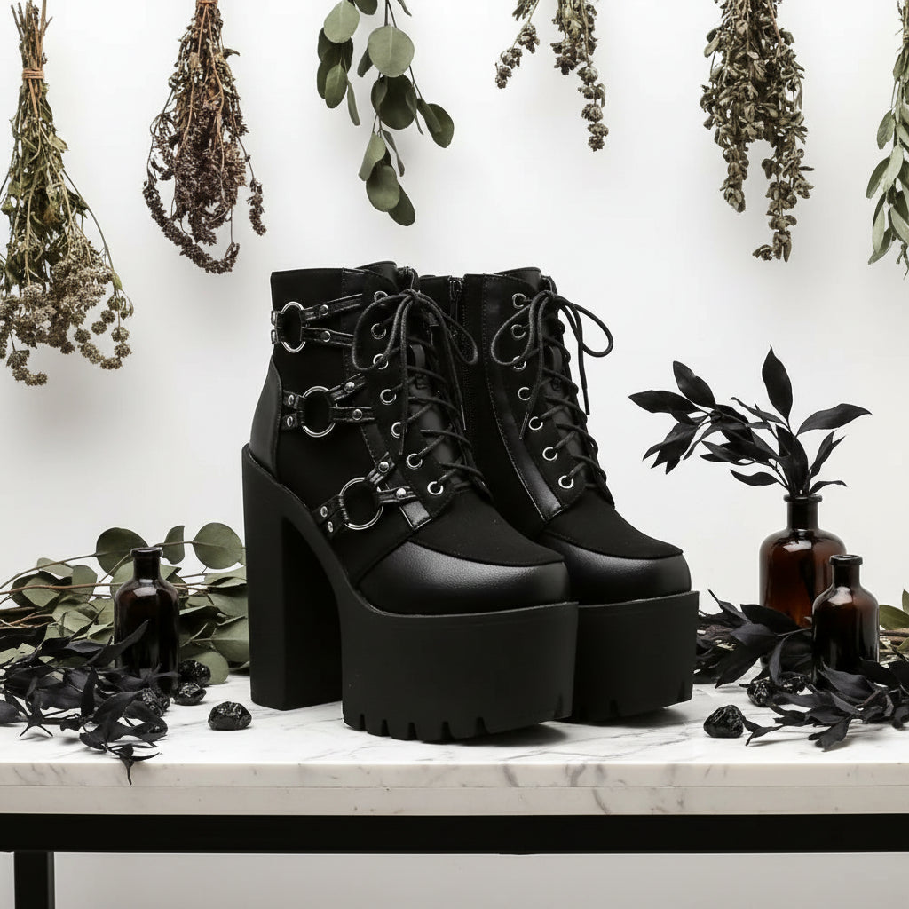 Black platform boots with chunky heels and decorative straps on a white background