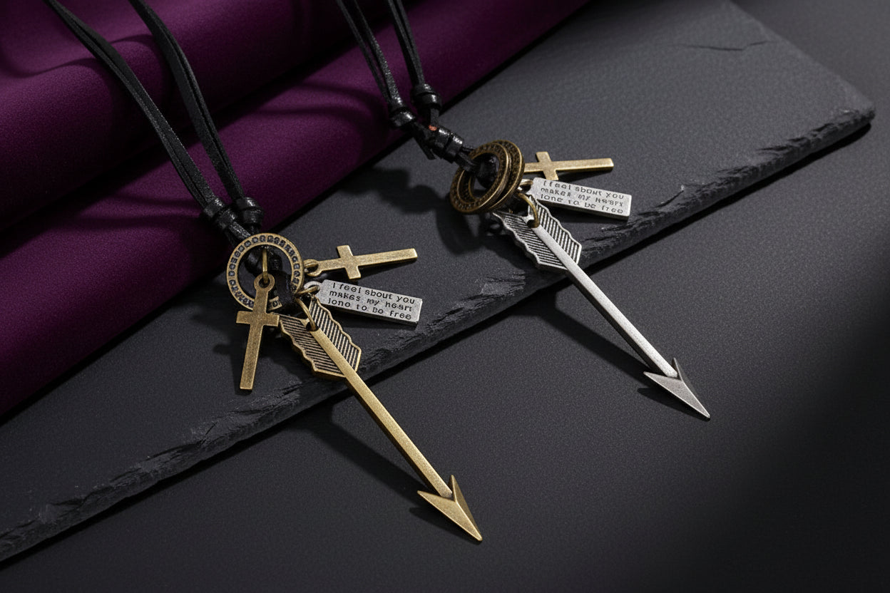 Two necklaces with arrow pendants and engraved tags on a white background