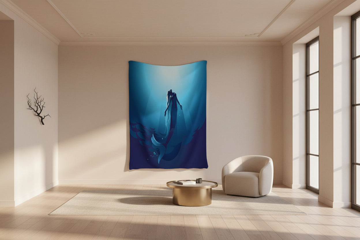 Mermaid silhouette in an underwater scene on a blue fabric background