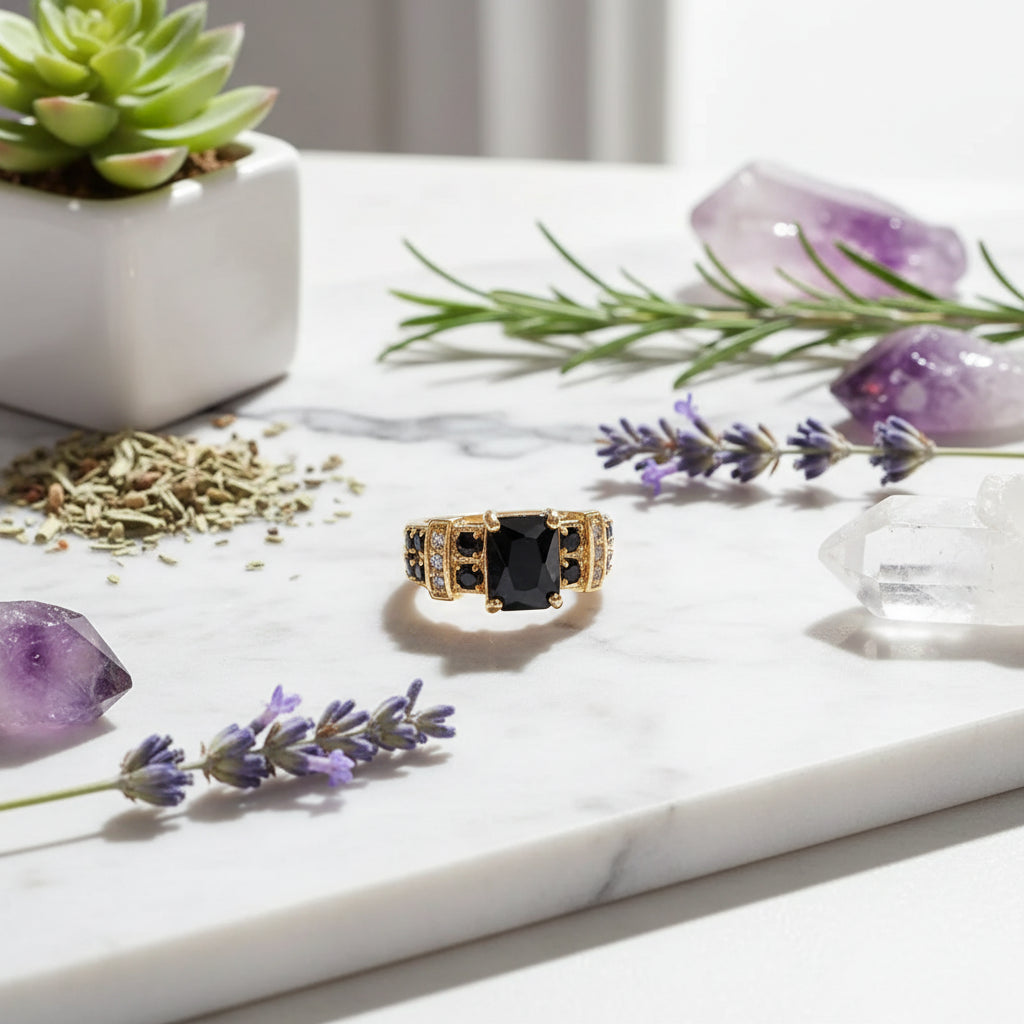 Gold ring with black gemstone and crown-like design on a dark background