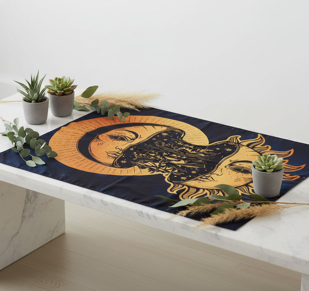 Tapestry with sun and moon design on a brick wall background
