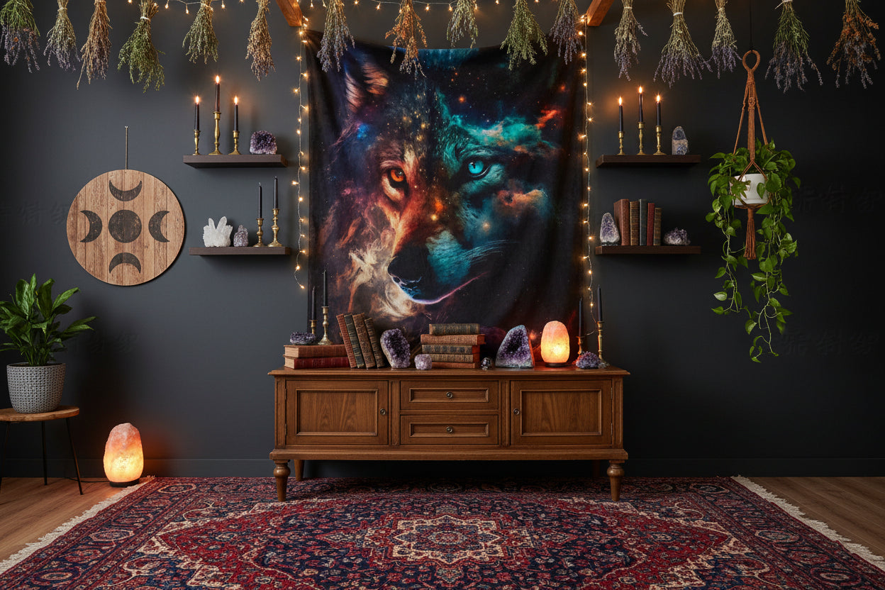 Person holding a colorful wolf-themed blanket in a room with a lamp and cat tree.
