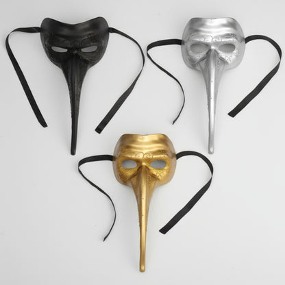 Three elegant glitter halloween masks in black, gold, and silver on a white background