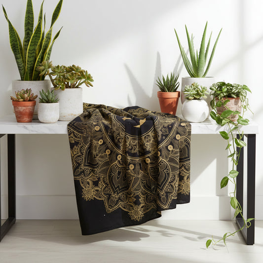 Digital Print Tapestry with Gold Moon Mandala Design Sorceress Sanctuary