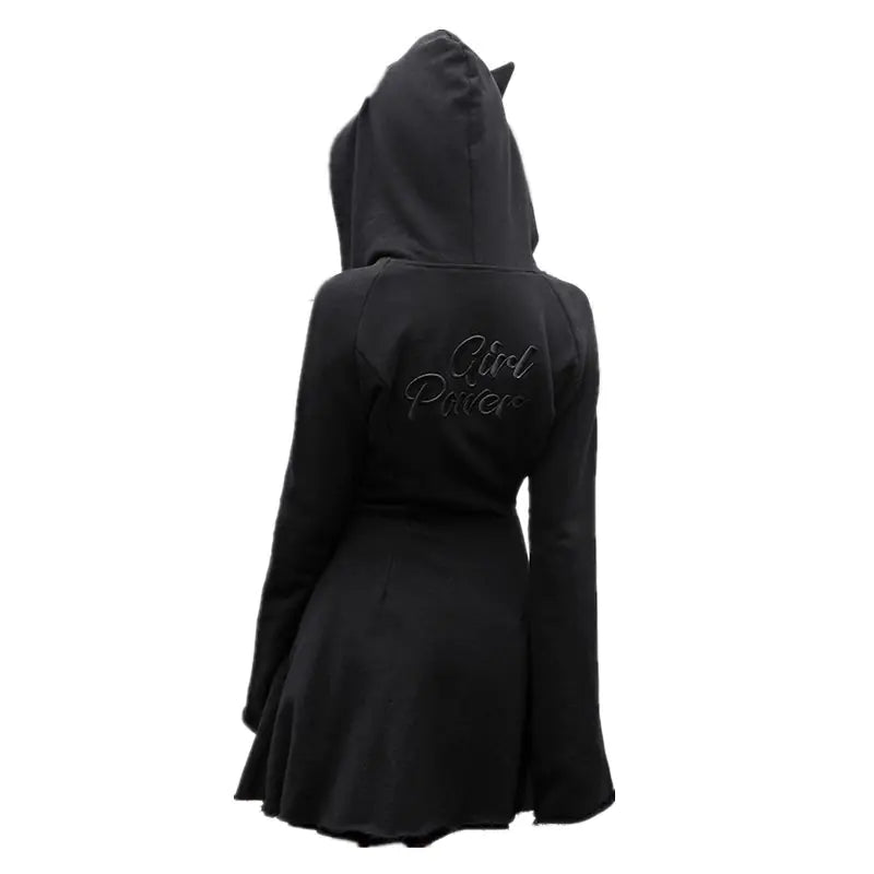 Black hooded coat with 'Evil Queen' embroidery on a white background