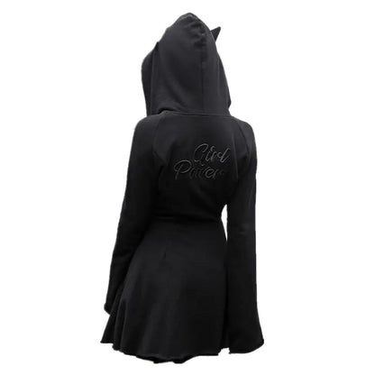 Black hooded coat with 'Evil Queen' embroidery on a white background